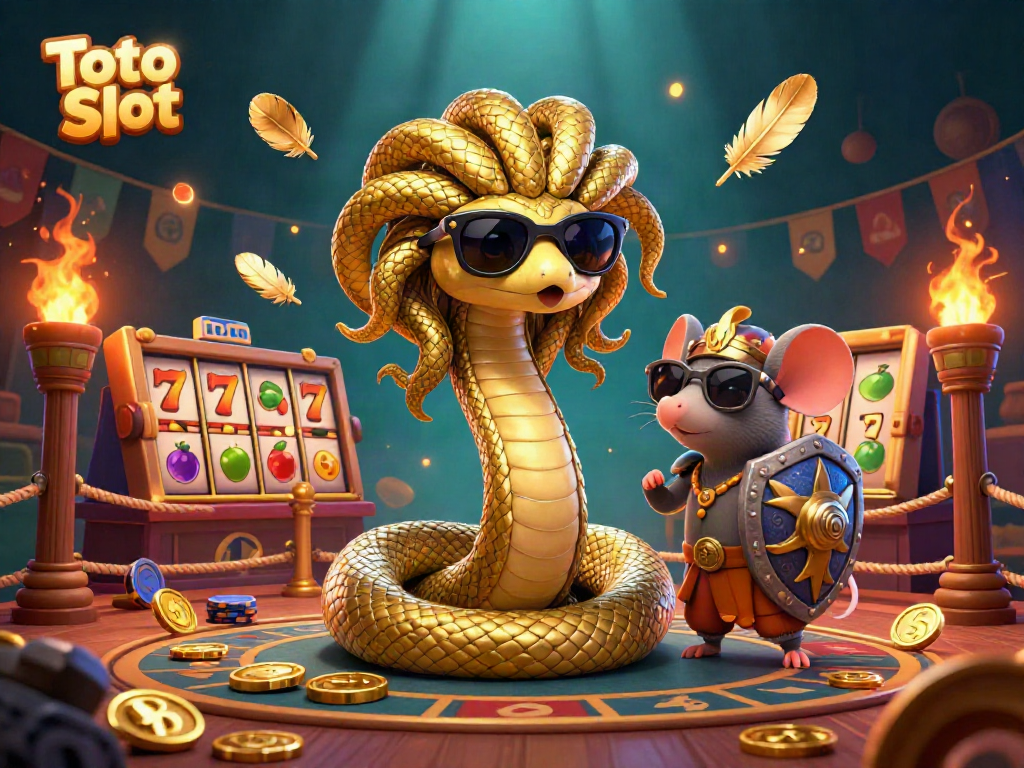 Slot permainan Toto Slot di tengah pertarungan dengan Medusa dan mouse pejuang, dikelilingi simbol keberuntungan.