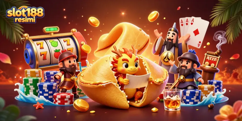 Menangkan permainan dengan slot188 resmi, ilustrasi kasino 3D yang berwarna-warni dan menarik.