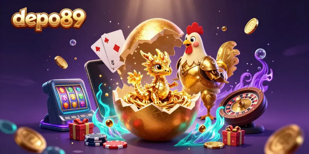 Experience exciting slot gaming with depo89 as a golden dragon brings luck amidst sparkling coins and vibrant cards.