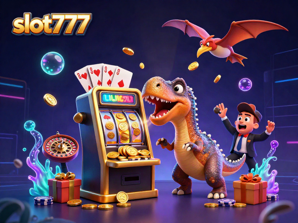 Slot777 menghadirkan jackpot koin dari mesin slot, dengan dinosaurus bermain di kasino.