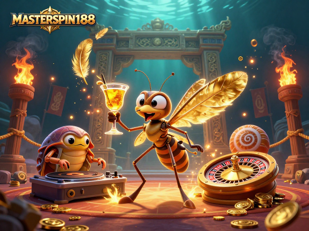Engage with MASTERSPIN188 in this vibrant 3D casino scene featuring unique characters and dynamic game elements.
