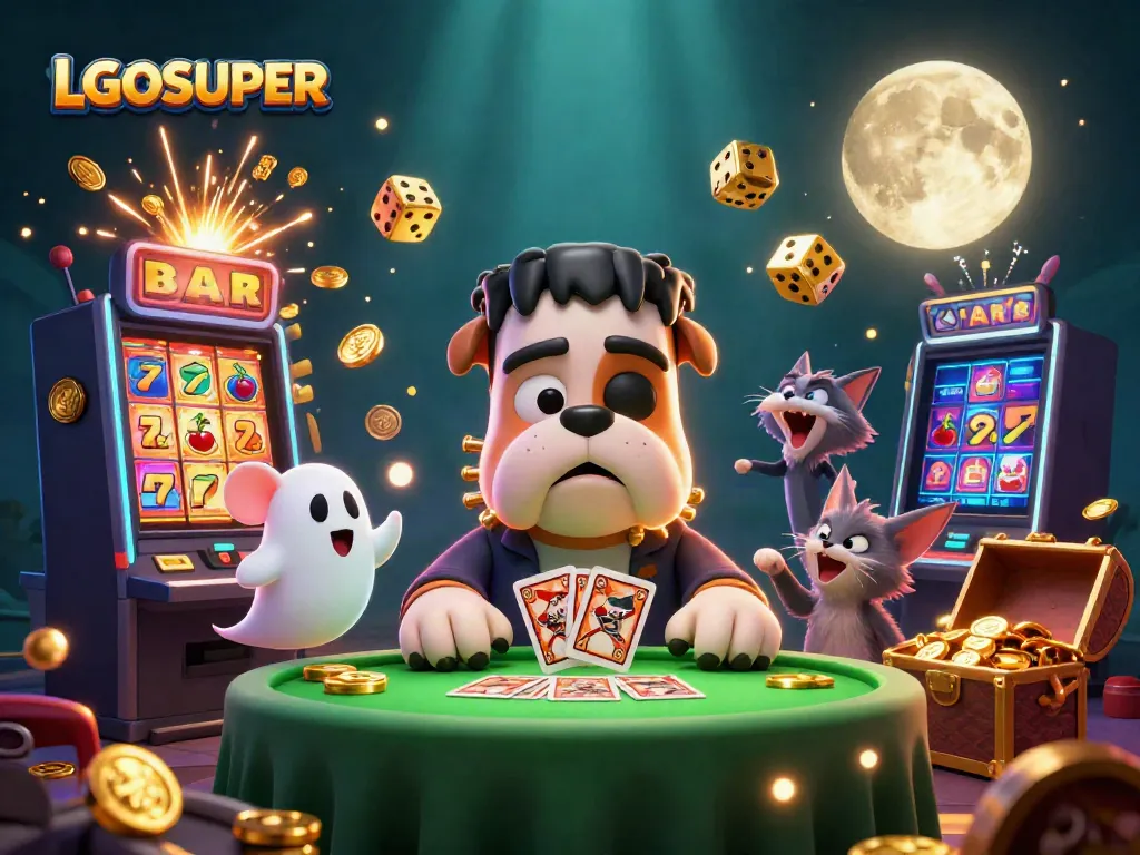 Spin and win with LGOSUPER as a 3D cartoon bulldog dealer manages a thrilling poker game