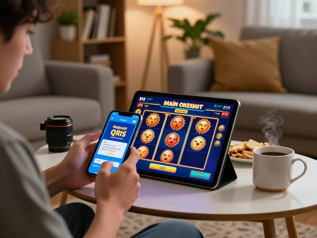 Aksi Main OKESlot Deposit Qris Tanpa Potongan dengan seorang pemain yang terlibat dalam permainan slot online yang mendebarkan.
