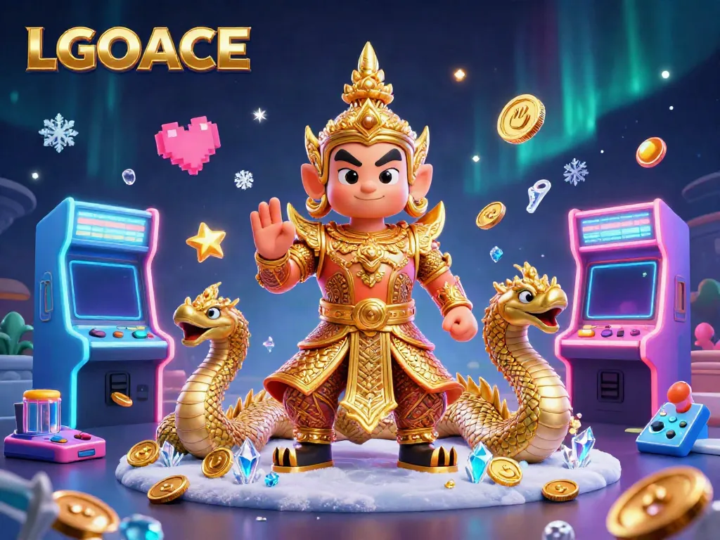 LGOACE showcases a lively scene of a Thai temple guardian and Naga serpents amidst vibrant casino game elements.