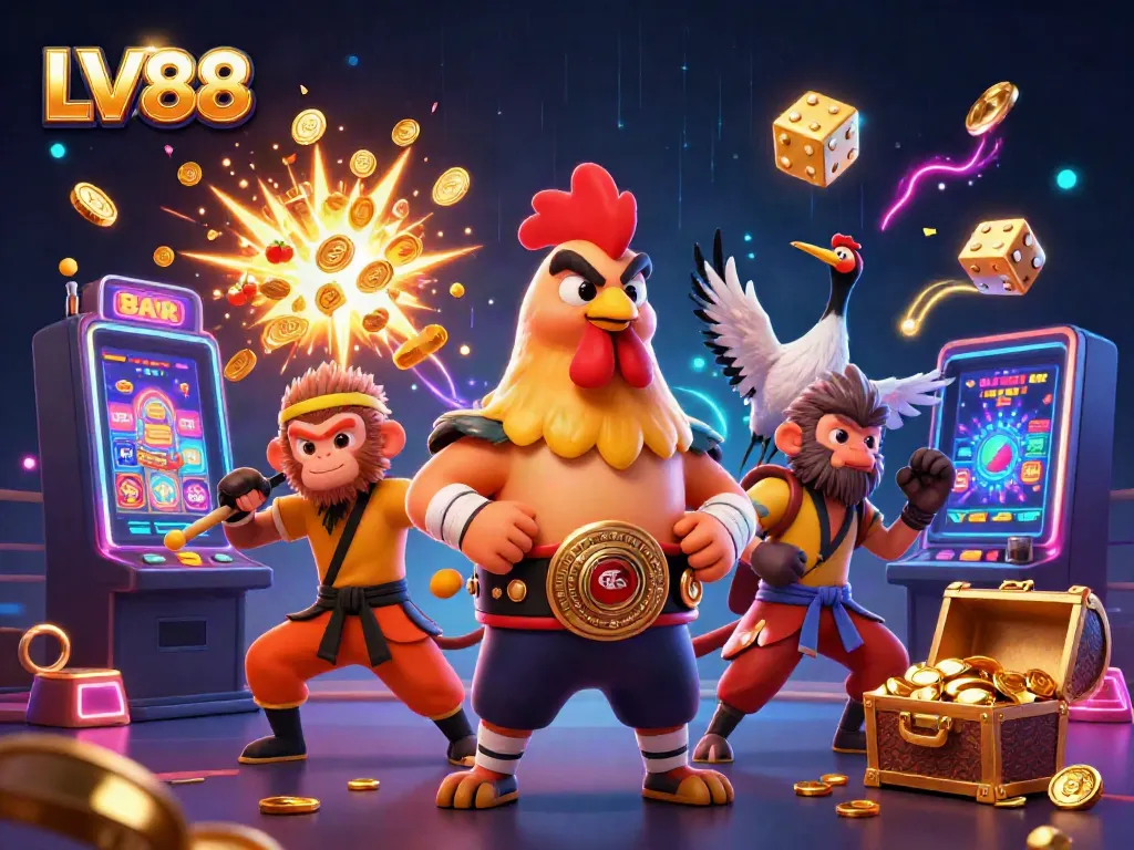 Experience dynamic casino action at LV88 with a fierce Muay Thai rooster and Shaolin monkey!