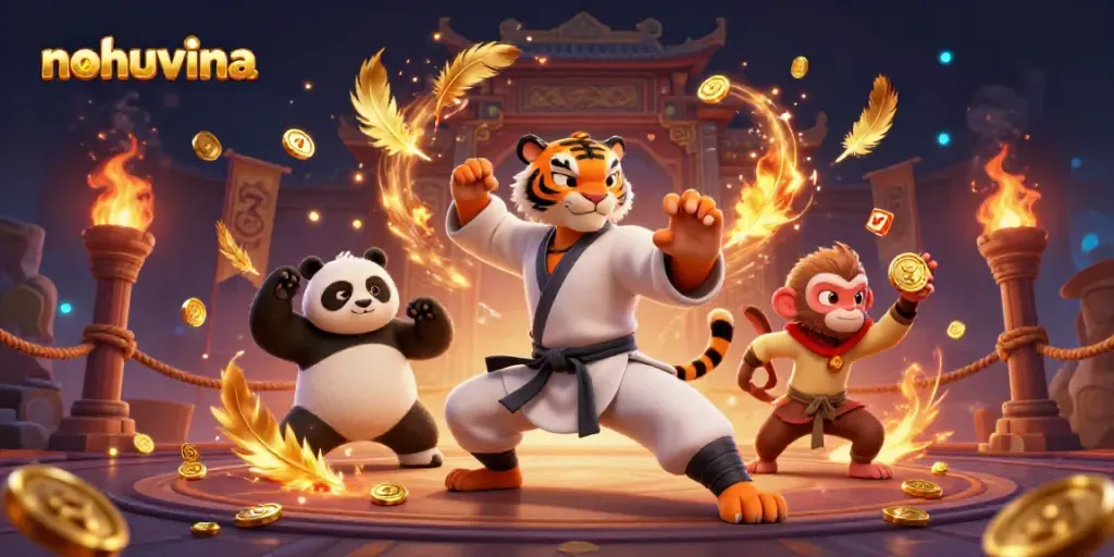 Nohu vina slots scene with a kung fu tiger and panda disciple amid golden coins and jackpots.