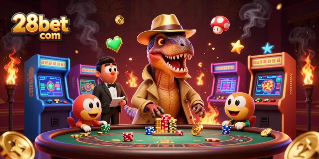 Experience excitement at 28bet com with a velociraptor card counter amid a casino backdrop, melding fun and strategy.