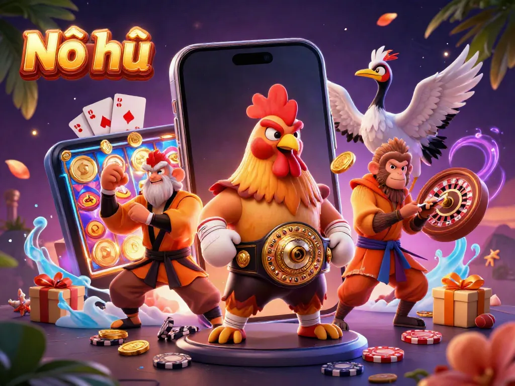 Nổ hũ game featuring 3D characters engaging with vibrant slot game elements and gold coins.