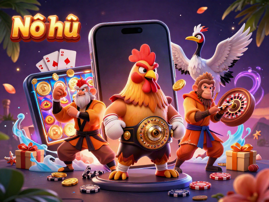 Nổ hũ game featuring 3D characters engaging with vibrant slot game elements and gold coins.