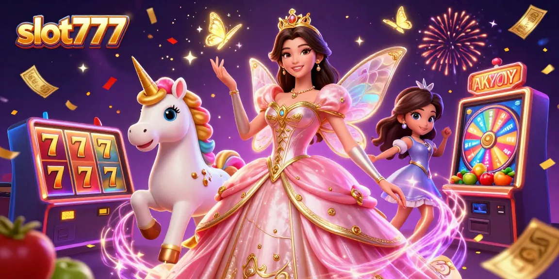Play and win big with slot777, featuring vibrant slot reels and a glamorous casino scene.