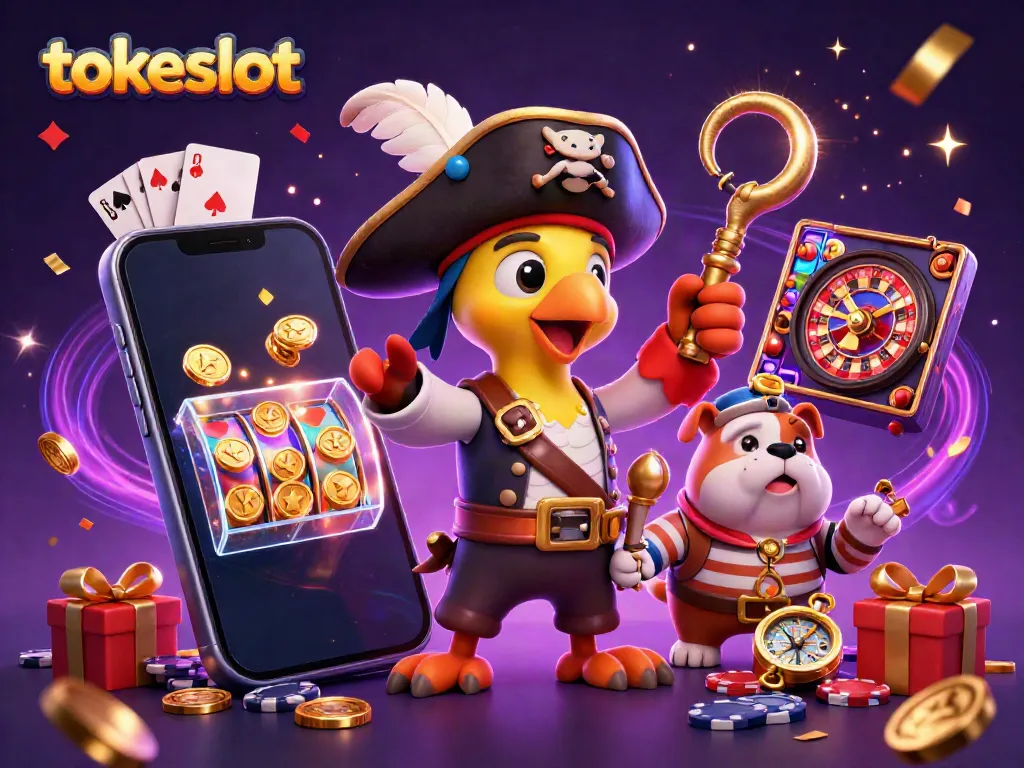 Engaging scene featuring tokeslot-themed pirate characters with slot games and festive elements