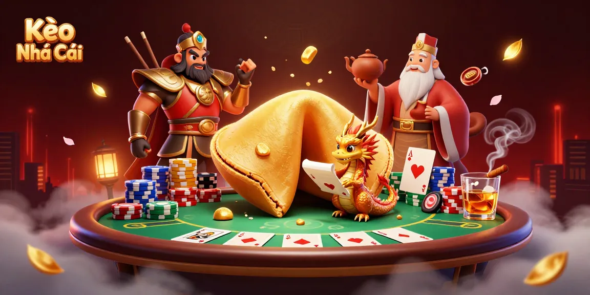Engaging Kèo Nhà Cái scene with a giant fortune cookie depicting gambling fun and strategy.