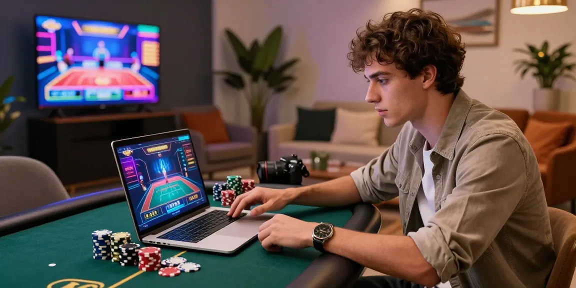 Situs Raffi Ahmad engaging gaming scene with a stylish player and vibrant interface in a modern lounge.