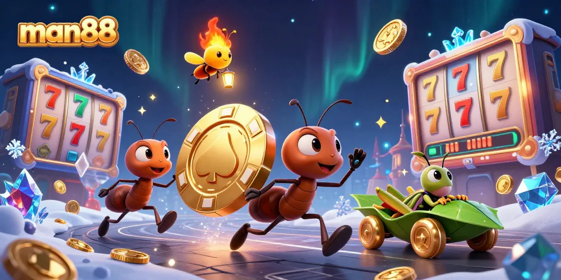 man88 showcases a heist scene with ants and gaming elements, engaging players in thrilling online action.