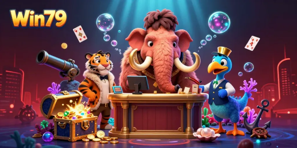 Join the lively adventure at Win79, a vibrant casino scene with unique 3D characters and treasure.