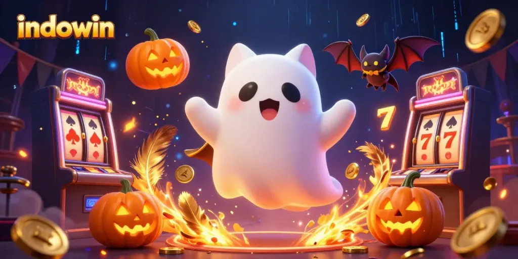 Indowin mempersembahkan keseruan permainan kasino dengan kucing hantu beraksi di latar kasino menyeramkan.