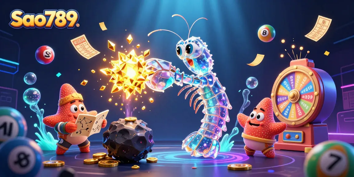 Sao789 features a cartoon galactic samurai mantis shrimp battling an asteroid, surrounded by dynamic lottery game elements, exemplifying engaging gameplay.