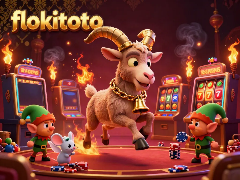 Experience thrills at flokitoto’s lively casino with a festive Krampus goat, colorful slot machines, and mischievous gremlins.