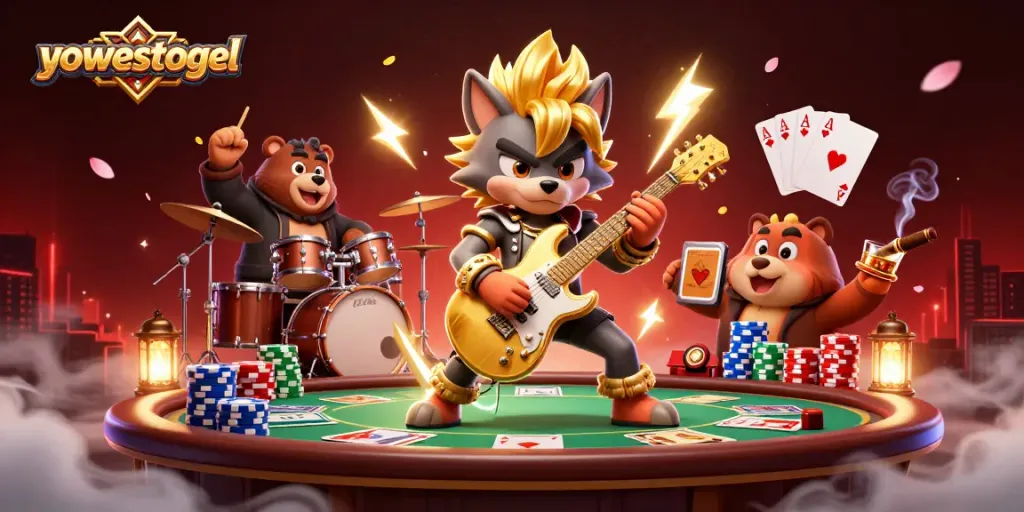 Experience yowestogel with a vibrant casino scene featuring a rock star wolf and drummer bear.