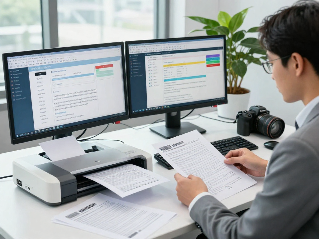 Compliance officer analyzing documents for document fraud detection in a modern office setting.