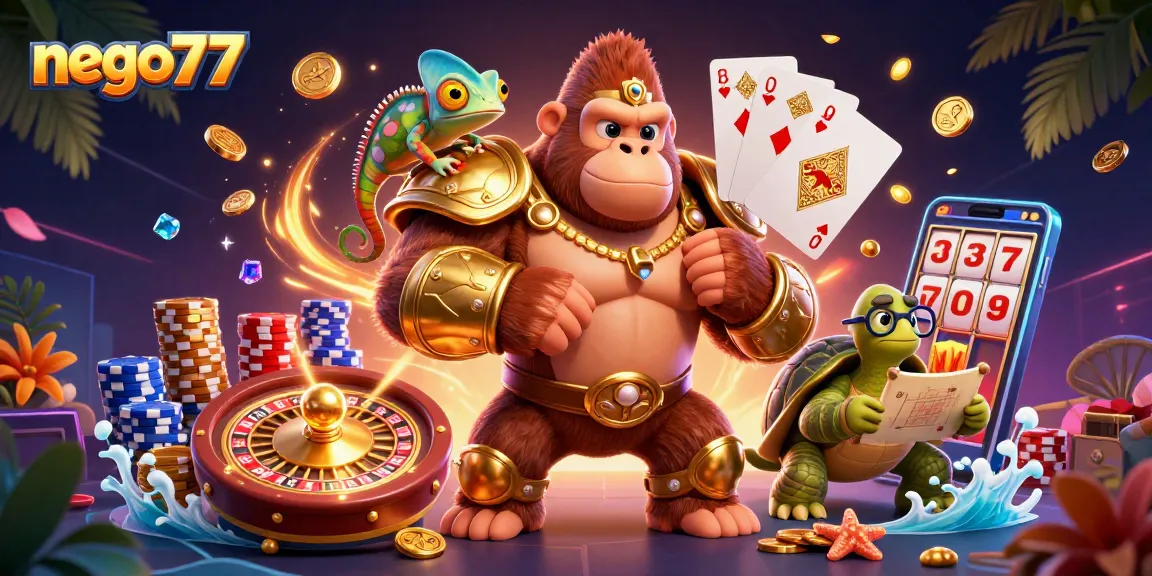 Nego77 showcases a powerful gorilla king amidst shimmering casino elements, enhancing online gambling excitement.