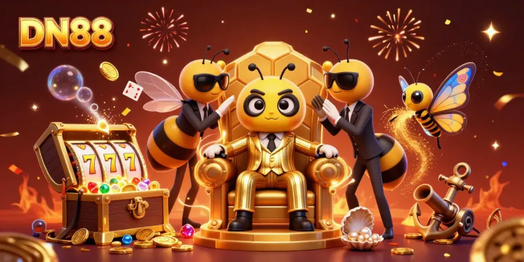 Win big at DN88 with a lively 3D illustration of a casino scene showcasing gold coins and vibrant characters.