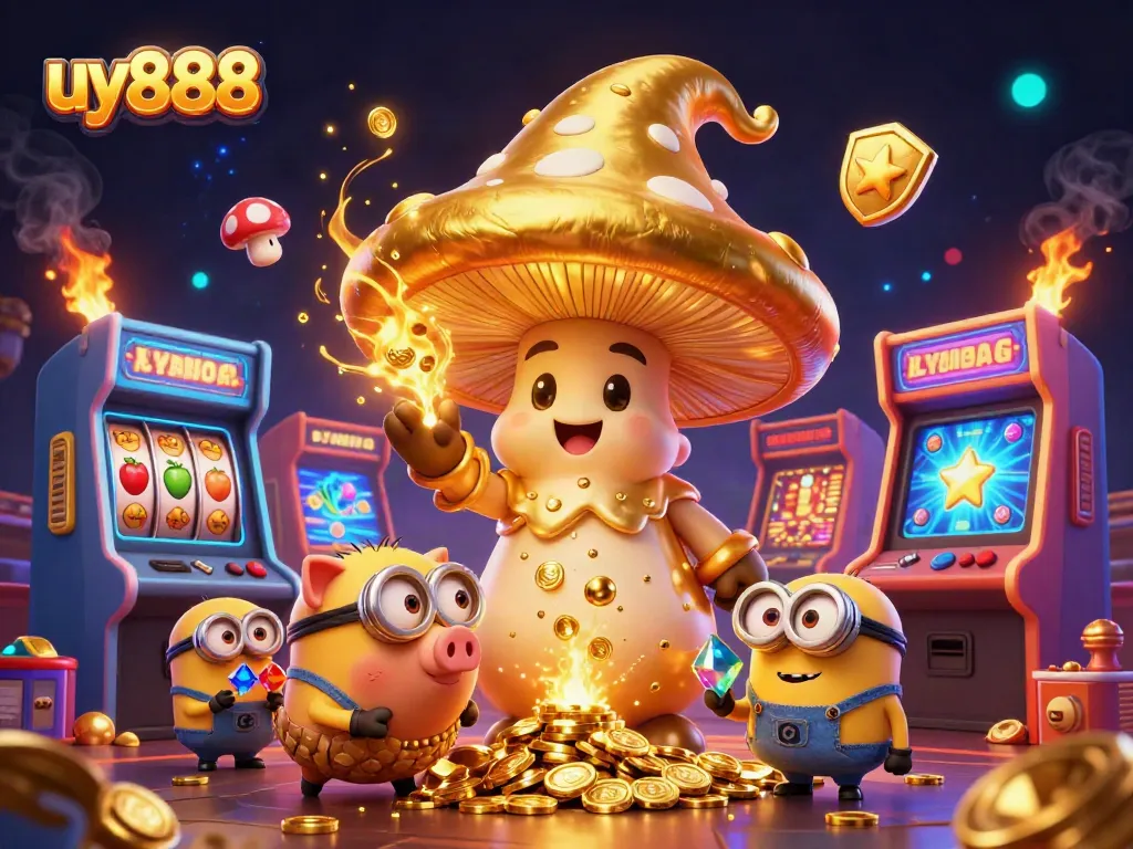 Experience exciting gaming with uy888, featuring a golden mushroom wizard and slot machines filled with jewels.