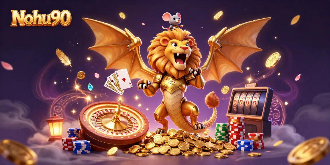 Nohu90 offers thrilling gaming experiences with golden coins and charismatic characters amidst dynamic casino action.