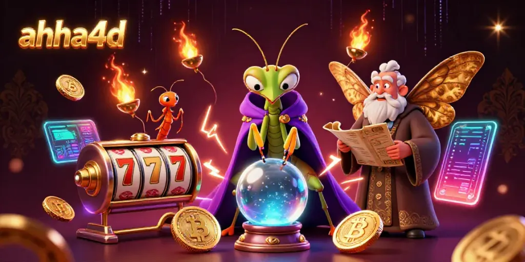 Gambarkan akses mudah ke permainan slot online di ahha4d, menampilkan karakter mistis dengan elemen digital cemerlang.