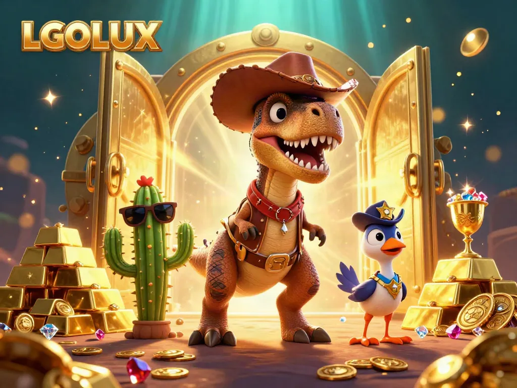 Engage with LGOLUX's vibrant animated casino scene featuring unique characters and treasure elements.