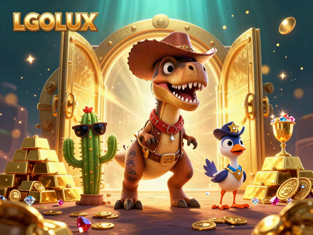 Engage with LGOLUX's vibrant animated casino scene featuring unique characters and treasure elements.