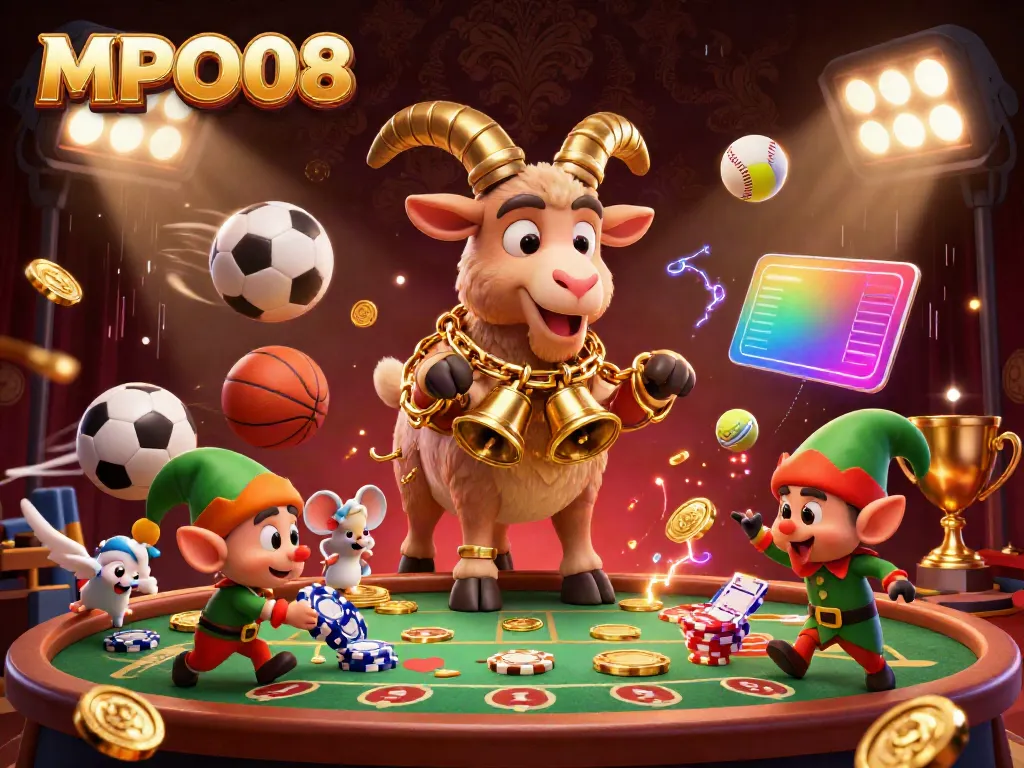 MPO08 showcases a vibrant casino scene with Krampus, an angel mouse, and gremlins amidst flying sports elements.