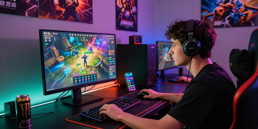 Pemain kediritoto di platform gaming online, fokus pada layar monitor dengan antarmuka yang berwarna-warni.
