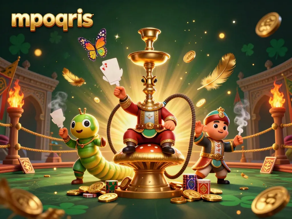 Gambarkan pengalaman taruhan mpoqris yang menarik dengan ilustrasi karakter kasino kartun berwarna-warni dan elemen permainan.