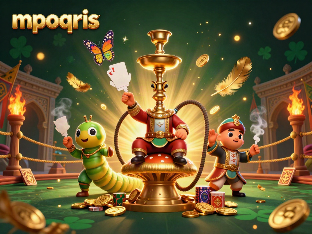 Gambarkan pengalaman taruhan mpoqris yang menarik dengan ilustrasi karakter kasino kartun berwarna-warni dan elemen permainan.
