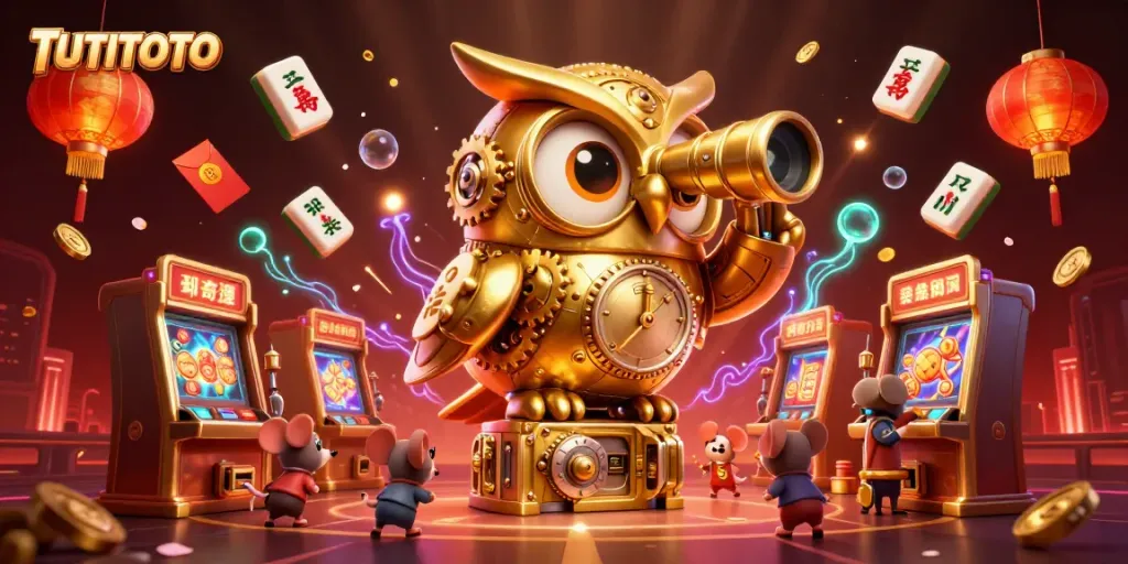 Engage with TUTITOTO through a vibrant casino scene featuring a clockwork owl and whimsical characters.