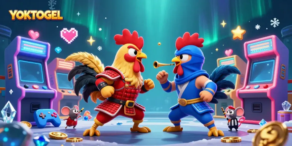 Engage in exciting gameplay with YOKTOGEL featuring fierce roosters and arcade elements.