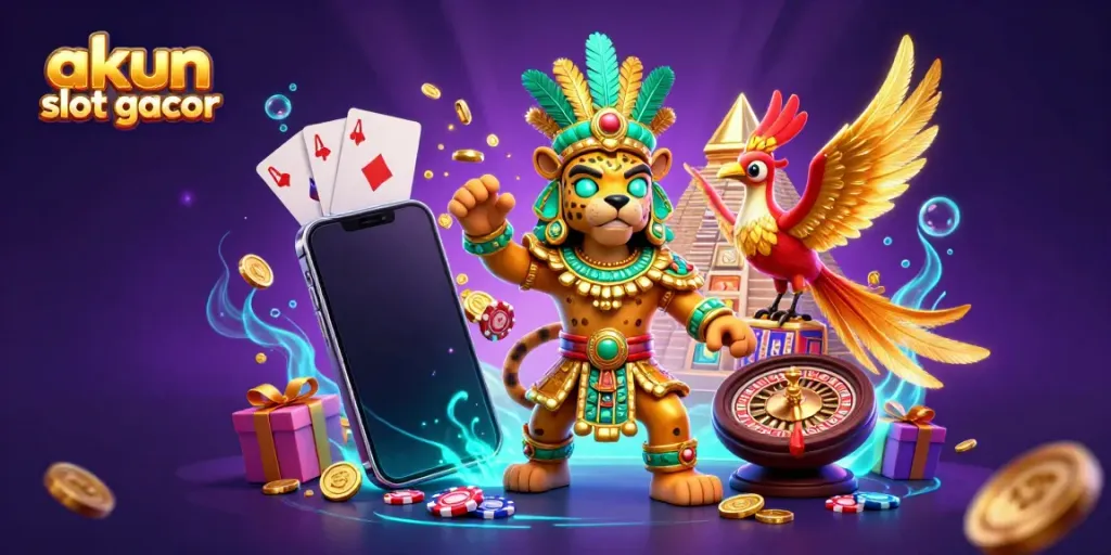 Akun slot gacor terlihat pada ilustrasi 3D bersama jaguar dan burung quetzal dengan elemen permainan slot.