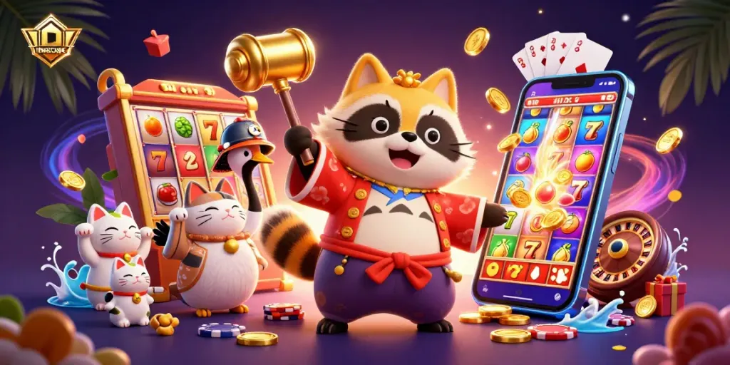 IDNSCORE engages players with vibrant slot reels and cheerful characters in a dynamic casino illustration.