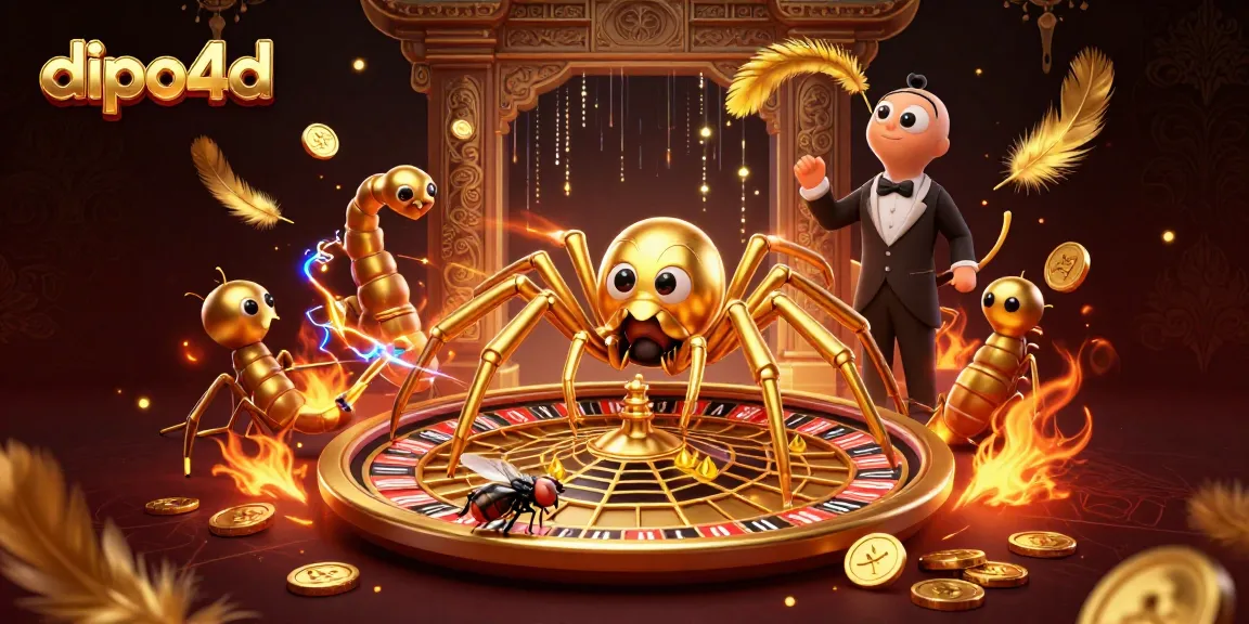 Bet big with dipo4d as a golden spider spins a roulette wheel web amidst vibrant casino elements.