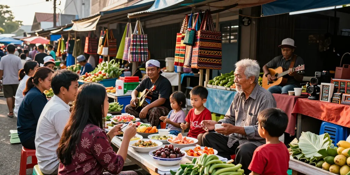 Aktivitas masyarakat di pasar lokal Leci123 dengan warna-warni, interaksi hangat, dan produk lokal.