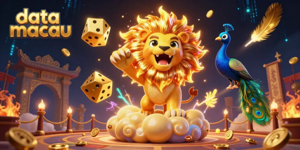 Experience thrilling results with data macau illustrated by a roaring sun lion surrounded by golden dice and peacock.