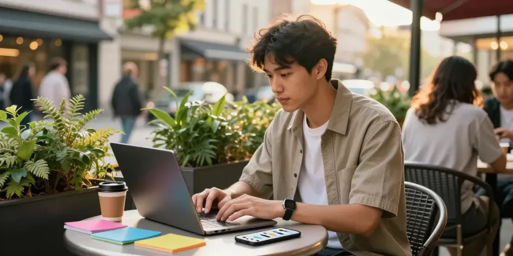 Seseorang menggunakan laptop di kafe outdoor, menunjukkan jebolwd sebagai simbol kreativitas dan produktivitas.