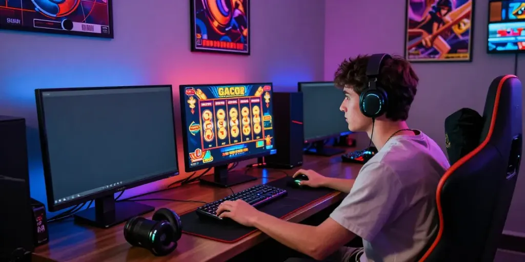 Player enjoying a slot gacor game at a modern gaming setup, immersed in vibrant visuals.
