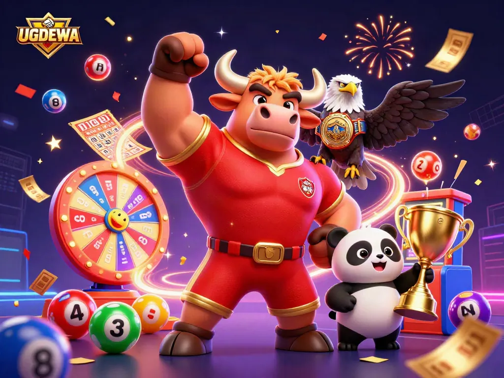 Experience thrilling play with UGDEWA's dynamic lottery action and vibrant mascot celebration.