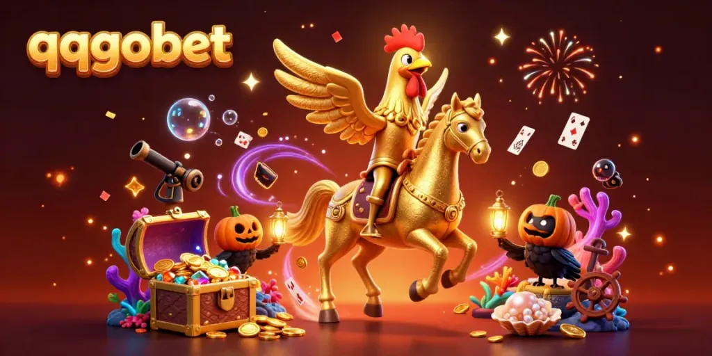 Experience the thrilling qqgobet scene with a golden rooster and companions amidst a dazzling casino.
