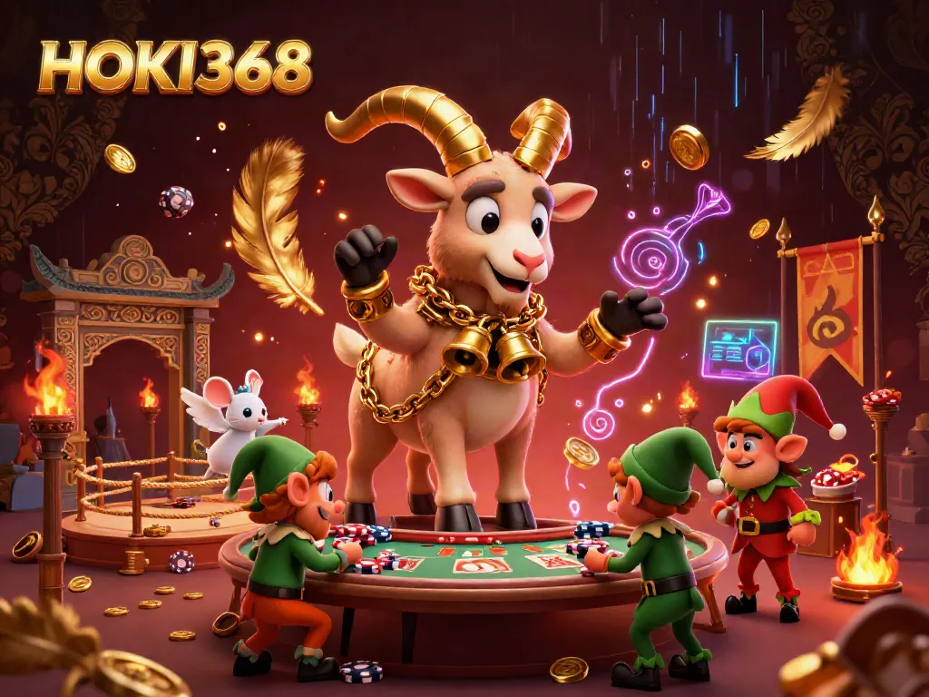 Experience HOKI368's festive casino scene with a Krampus goat, angel mouse, and gremlin chaos.