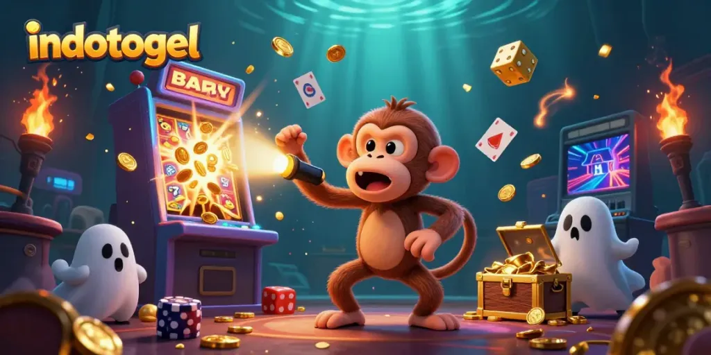 Engage with indotogel's vibrant casino scene featuring a playful poltergeist monkey and a curious puppy.