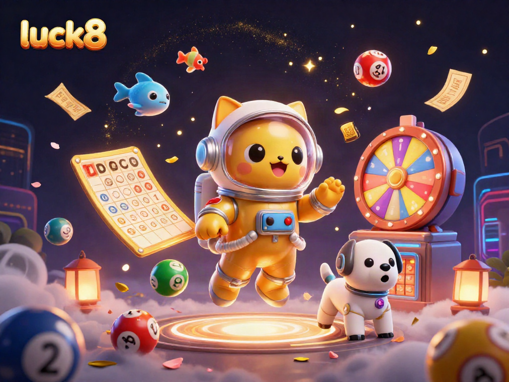 Immerse yourself in luck8's vibrant online casino world with a golden astronaut cat and dynamic game elements.