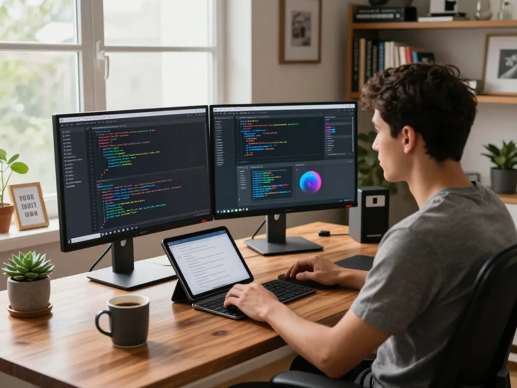 Engaged developer working with Clawd Bot in a modern home office, showcasing AI programming.